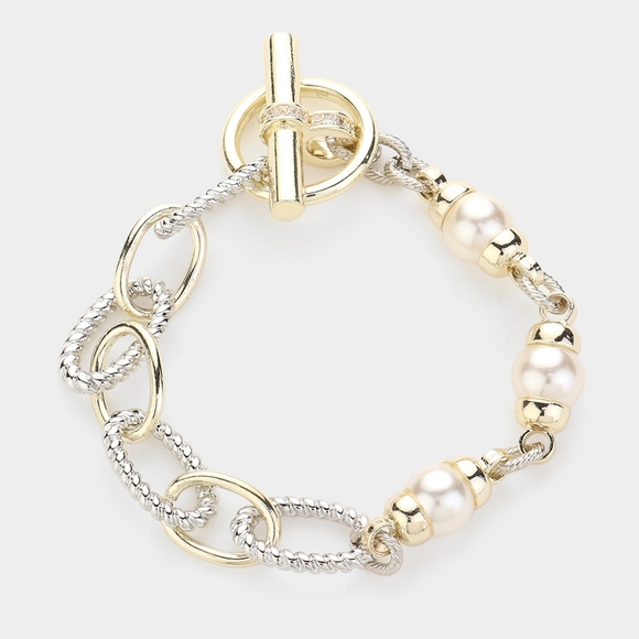 Silver Gold Pearl CZ Stone Two Tone Metal Chain Link Toggle Bracelet - Picture 1 of 4